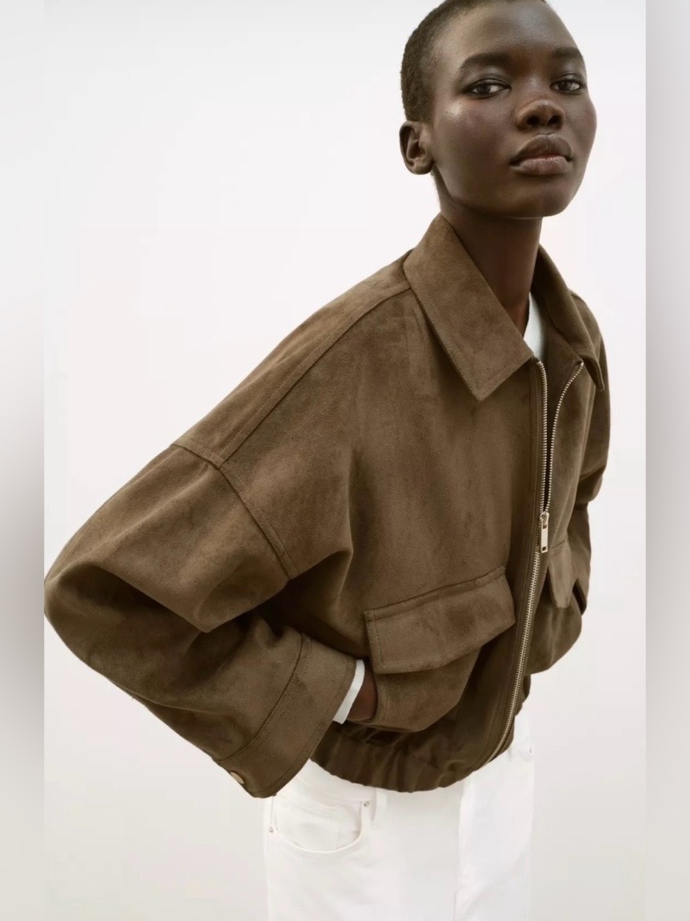 Zara Brown Suede Bomber Jacket - Picture 4 of 12